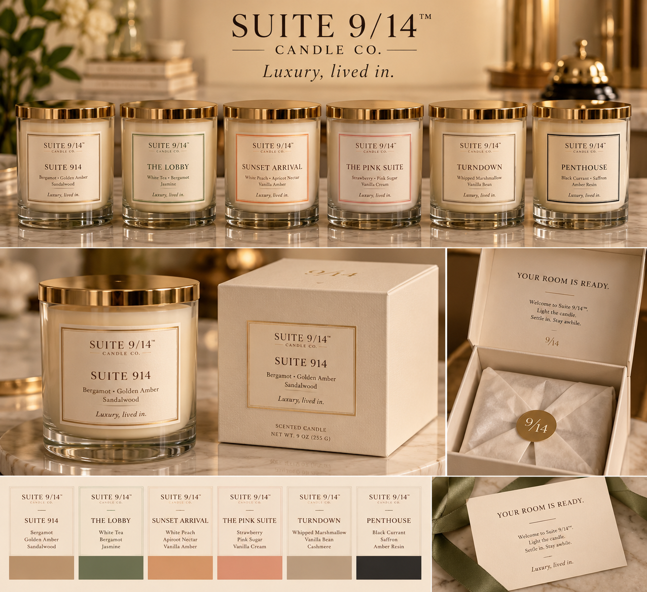 Suite 9/14 Candle Co. approved warm luxury collection and packaging board