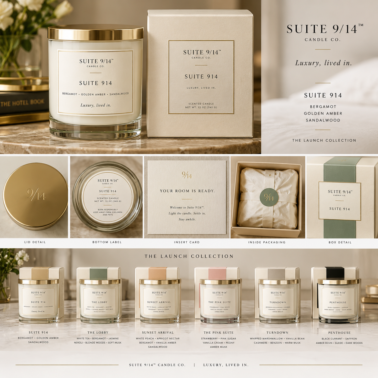 Suite 9/14 Candle Co. approved packaging and launch collection board